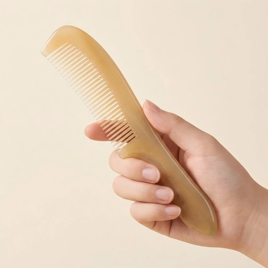 Hand holding COZUY translucent sheep horn handle comb to show smooth handle and slim profile. detail image 3