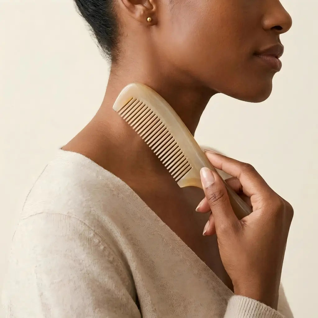 COZUY translucent sheep horn handle comb, smooth tooth-free edge at the shoulder for a gua sha ritual. detail image 4