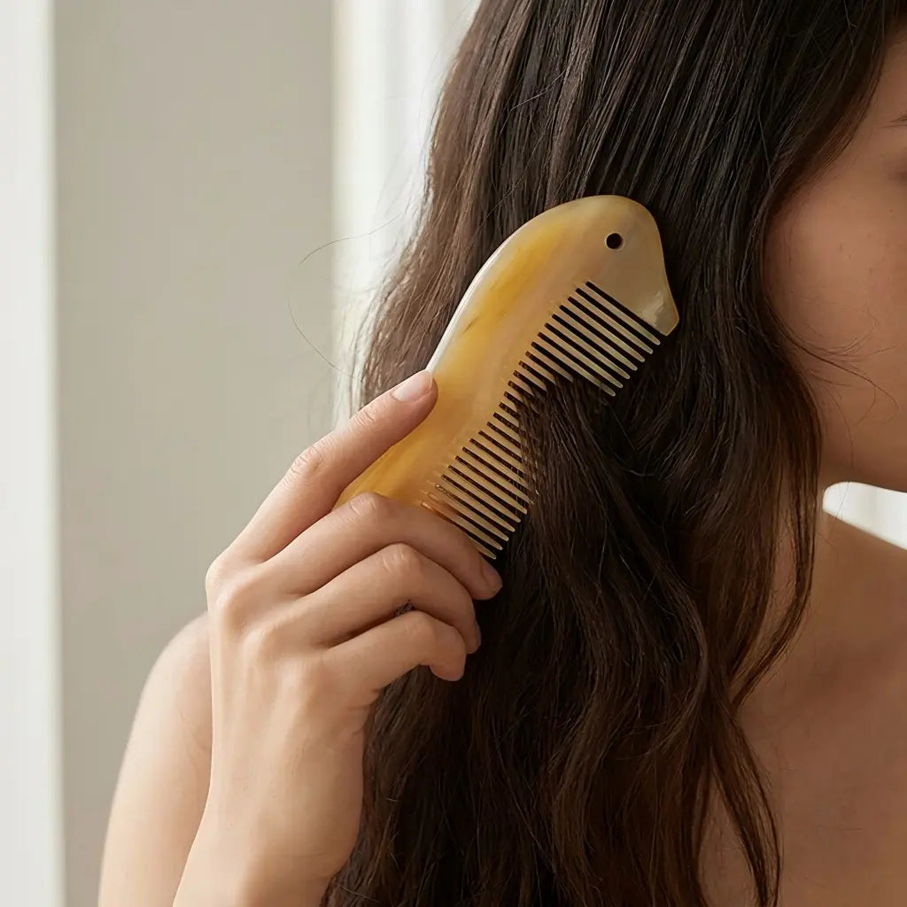 COZUY sheep horn pocket comb gently combing dark hair in a daily hair-care routine. detail image 5
