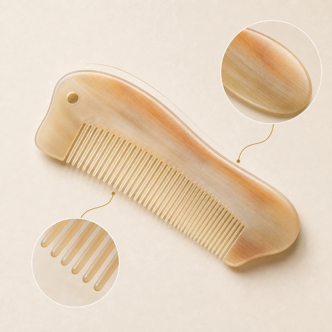 COZUY sheep horn pocket comb with fine teeth, a hanging hole and a broad polished back for gentle gua sha detail image 1