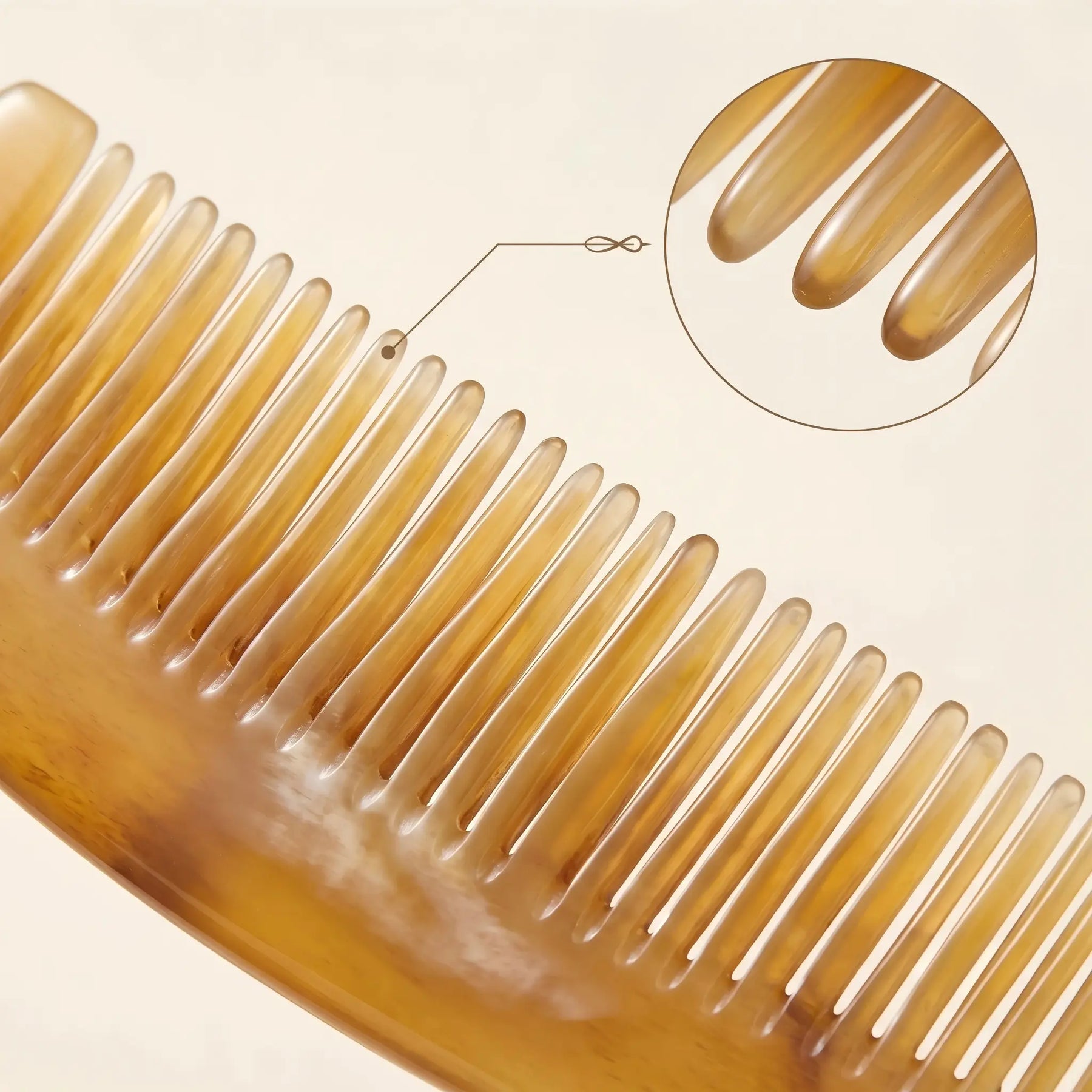 COZUY translucent sheep horn pocket comb close-up showing layered translucency and polished fine teeth. detail image 2
