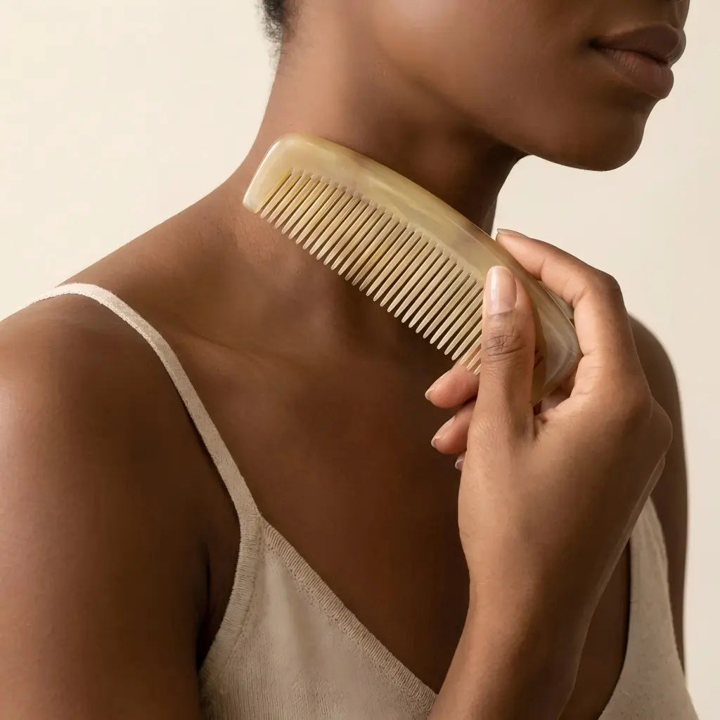COZUY translucent sheep horn pocket comb, smooth tooth-free edge at the shoulder for a gua sha ritual. detail image 4