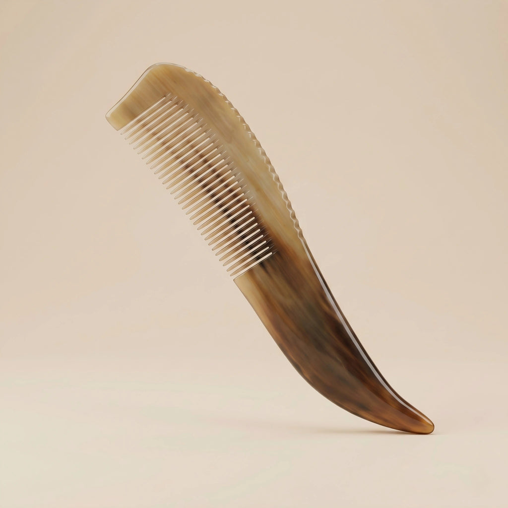 Long-handled natural horn comb with translucent brown patterns resting on a warm beige background