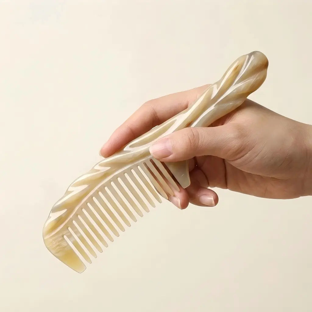 Hand holding COZUY carved white yak horn comb to show sculpted handle and lightweight scale. detail image 3