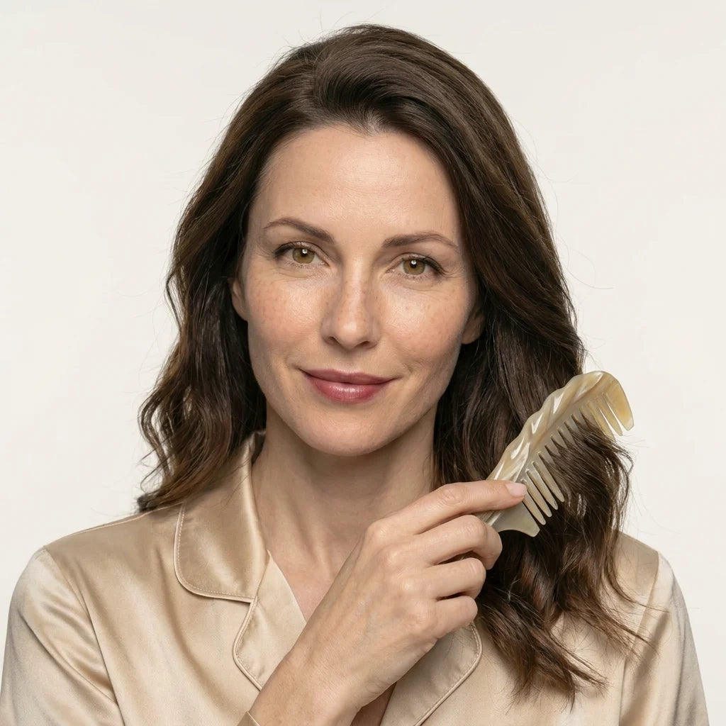 Smiling woman holding a carved white yak horn comb next to her wavy hair, premium anti-static hair care.