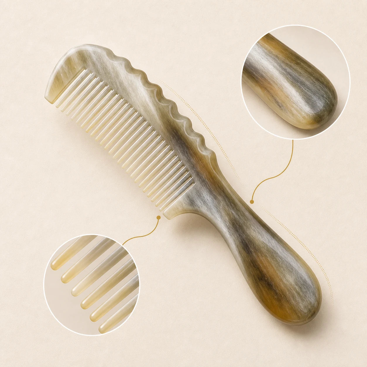 COZUY marbled white yak horn fine-tooth comb with a scalloped spine and smooth rounded gua sha edge detail image 1