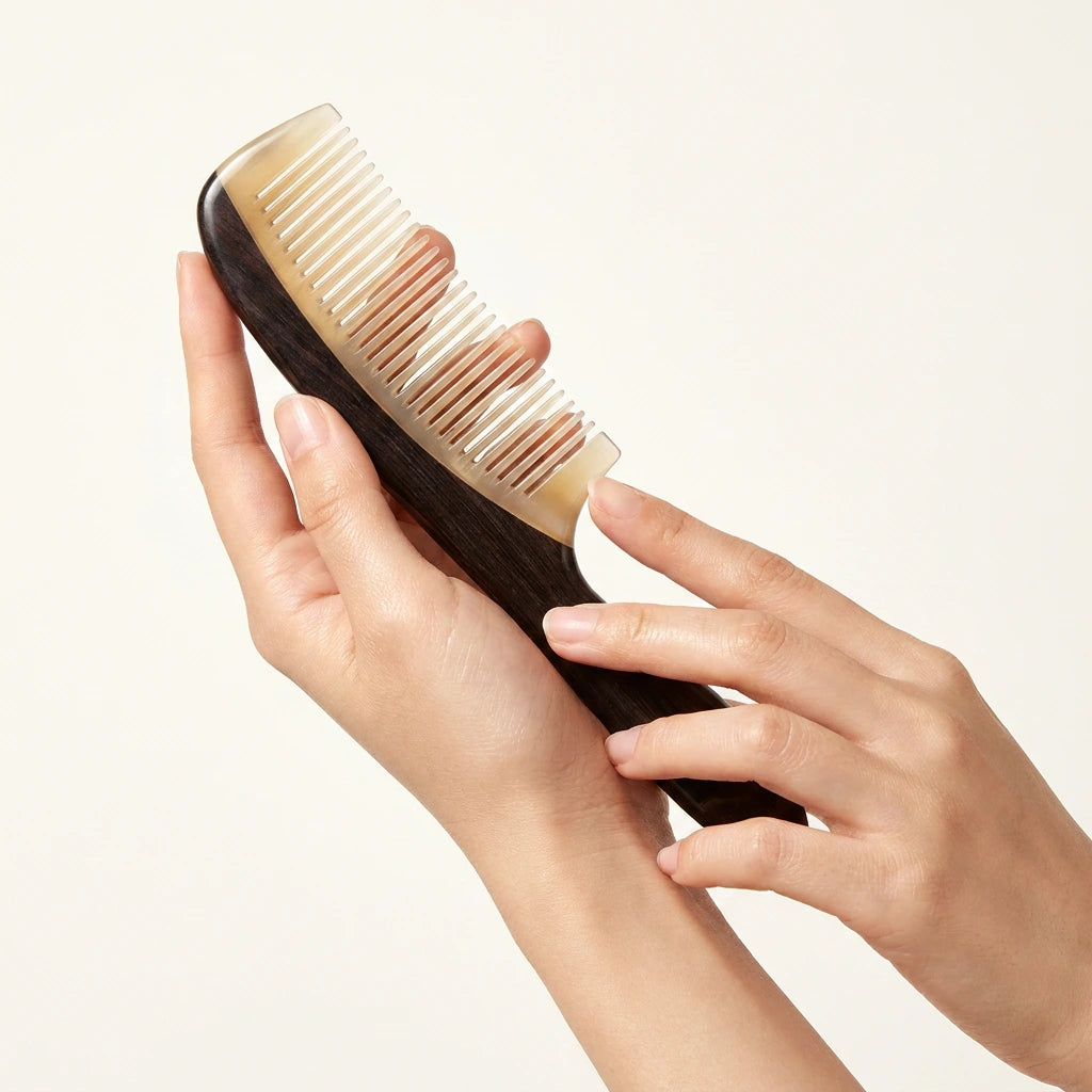 Hands gently holding a dual-tone ebony wood and sheep horn comb, crafted for daily tension relief.