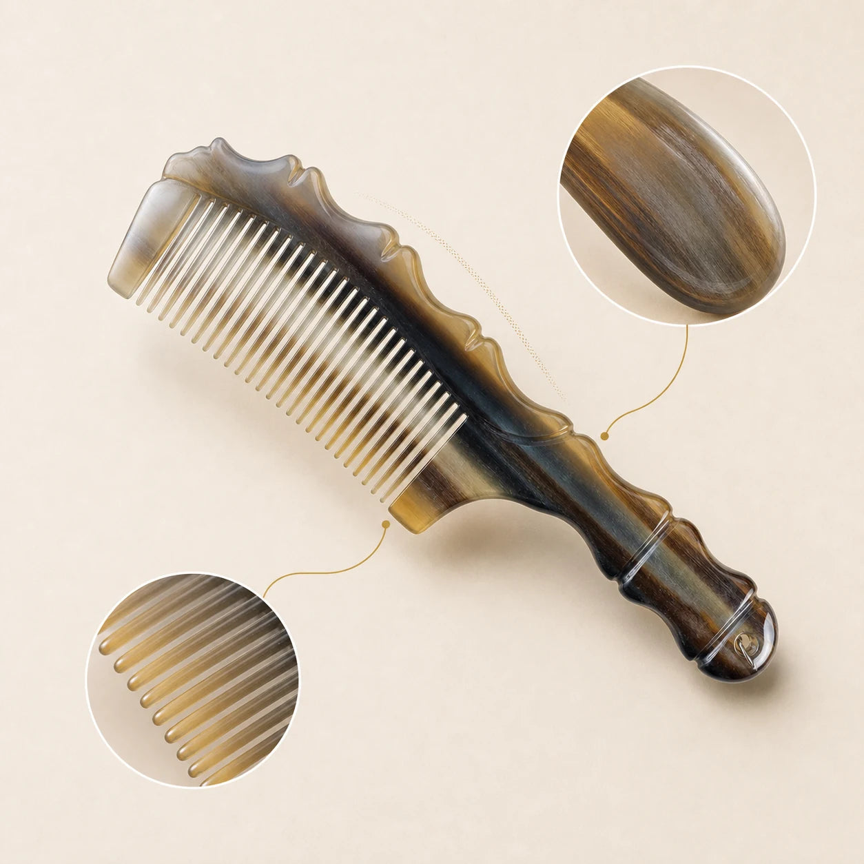 COZUY natural yak horn handle comb with fine teeth, carved wave spine, hanging ring and smooth gua sha edge detail image 1