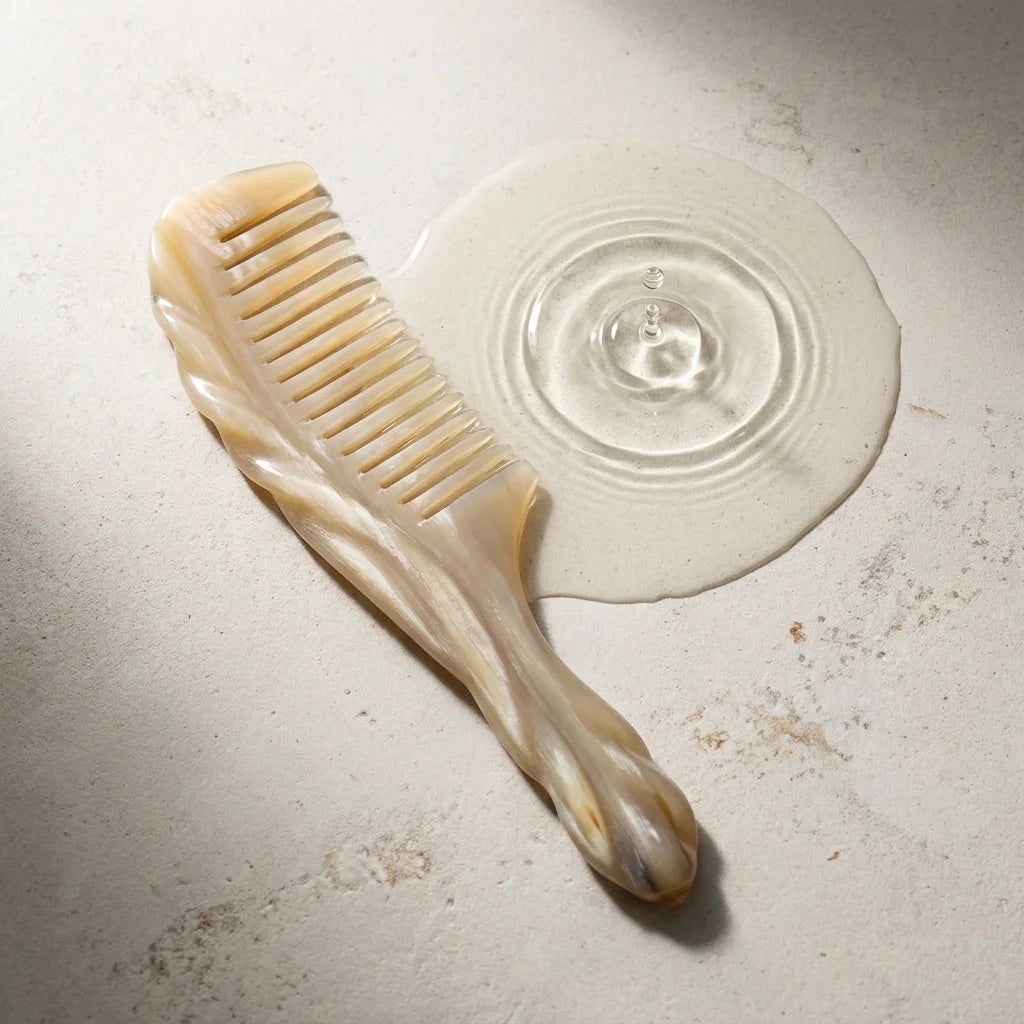 Carved white yak horn comb beside subtle water ripples on a light stone surface, suggesting a calm scalp ritual.