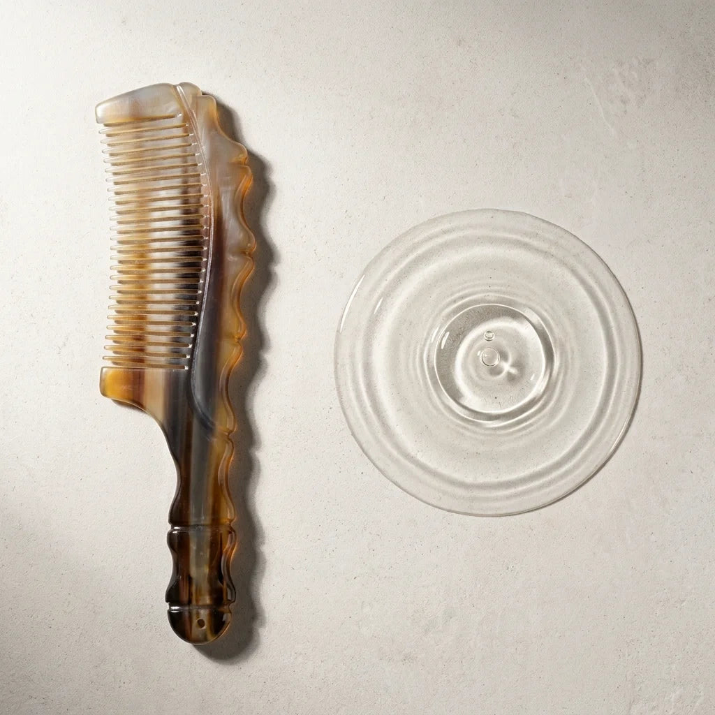 Striated yak horn comb beside water ripples on a light stone surface, suggesting a calm scalp ritual.