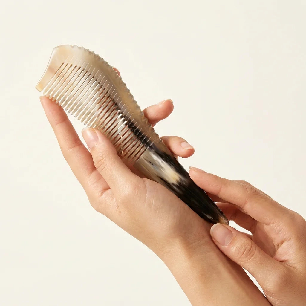 Hands holding a sculpted yellow buffalo horn comb with a pointed tip, an ergonomic tool for targeted tension relief.