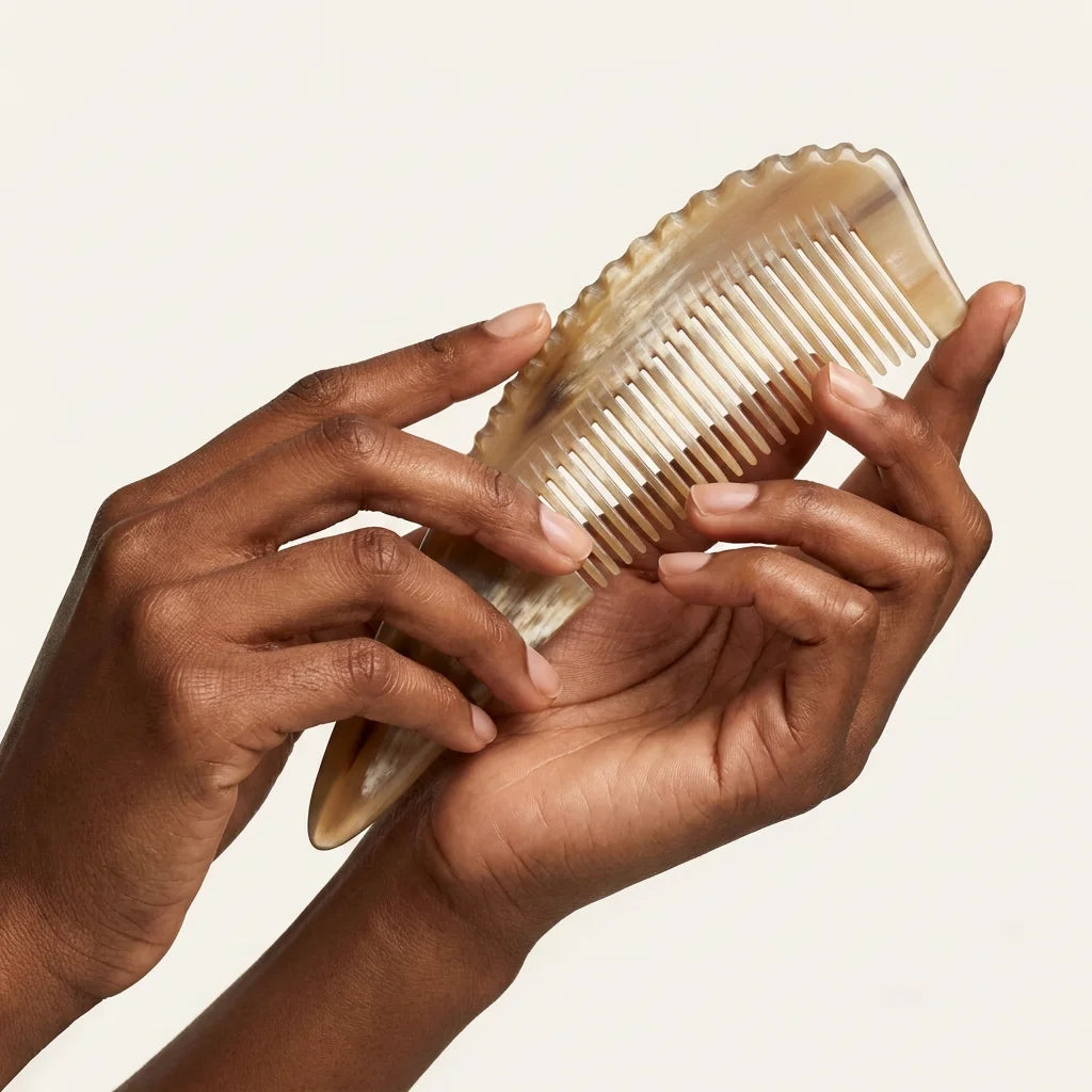 Hands holding a textured yellow buffalo horn comb with a pointed tip, an elegant artisan gift for hair wellness.