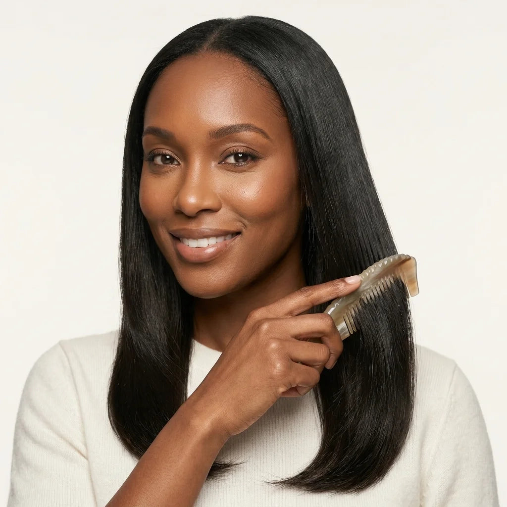 Smiling woman combing her straight dark hair with a yellow horn comb, featuring natural anti-static hair care.