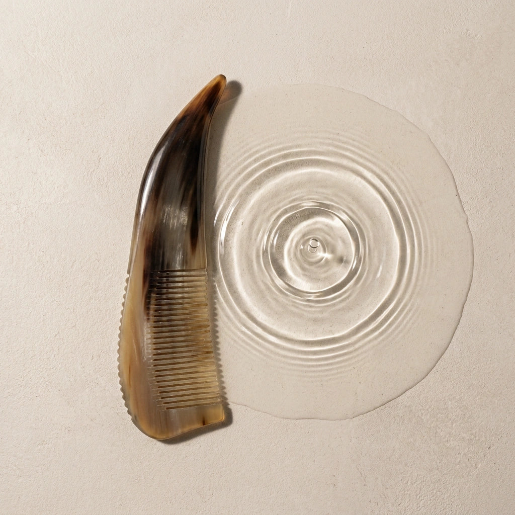 Curved natural horn comb beside subtle water ripples on a light surface, suggesting a calm scalp ritual.