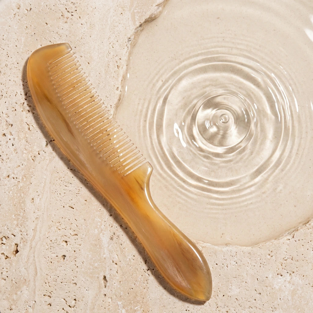 Translucent yellow horn comb resting on stone beside water ripples, suggesting a calm scalp ritual.