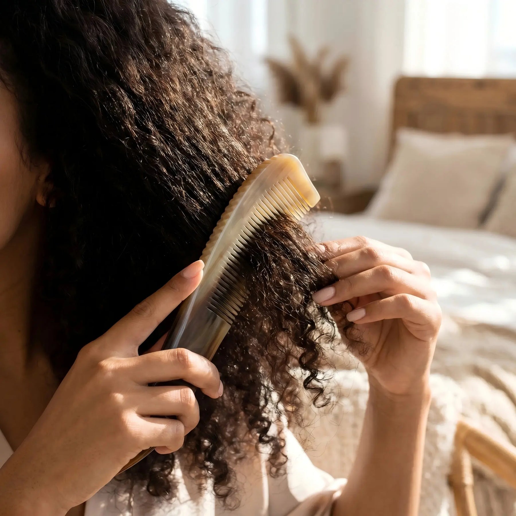 COZUY yellow ox horn long-tail comb gently combing long hair in a daily hair-care routine. detail image 5