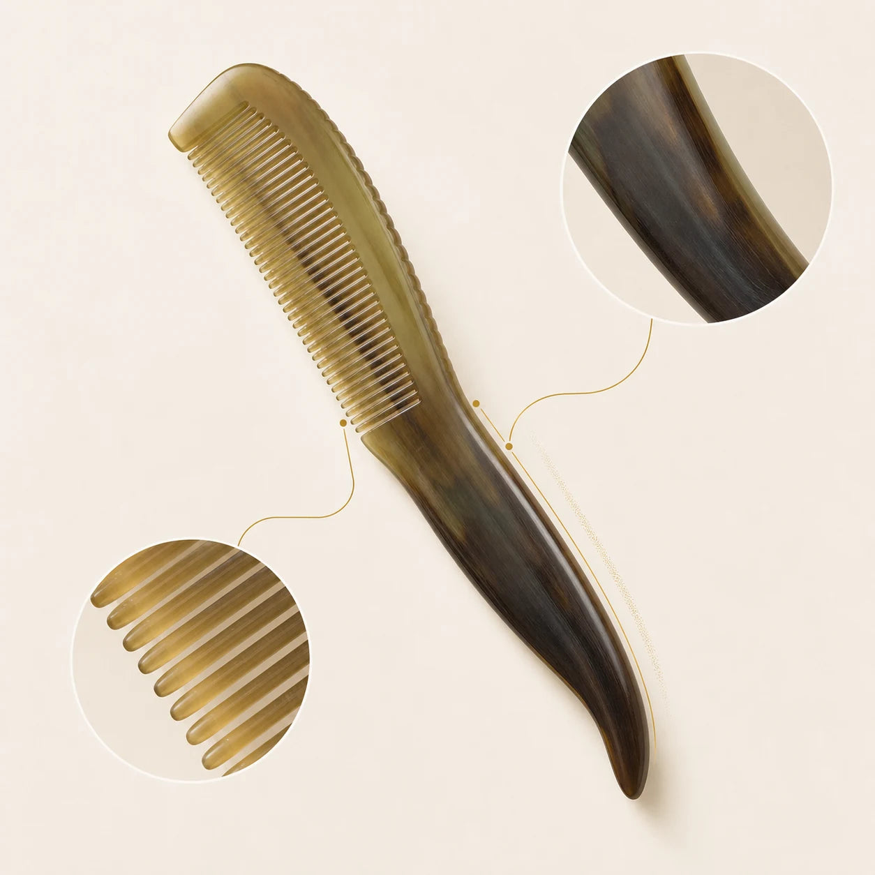 COZUY yellow ox horn long-tail comb, showing fine rounded teeth and a polished handle edge for gua sha detail image 1