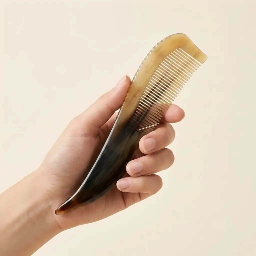 Hand holding COZUY yellow ox horn long-tail comb to show extended handle and full 26 cm scale. detail image 3