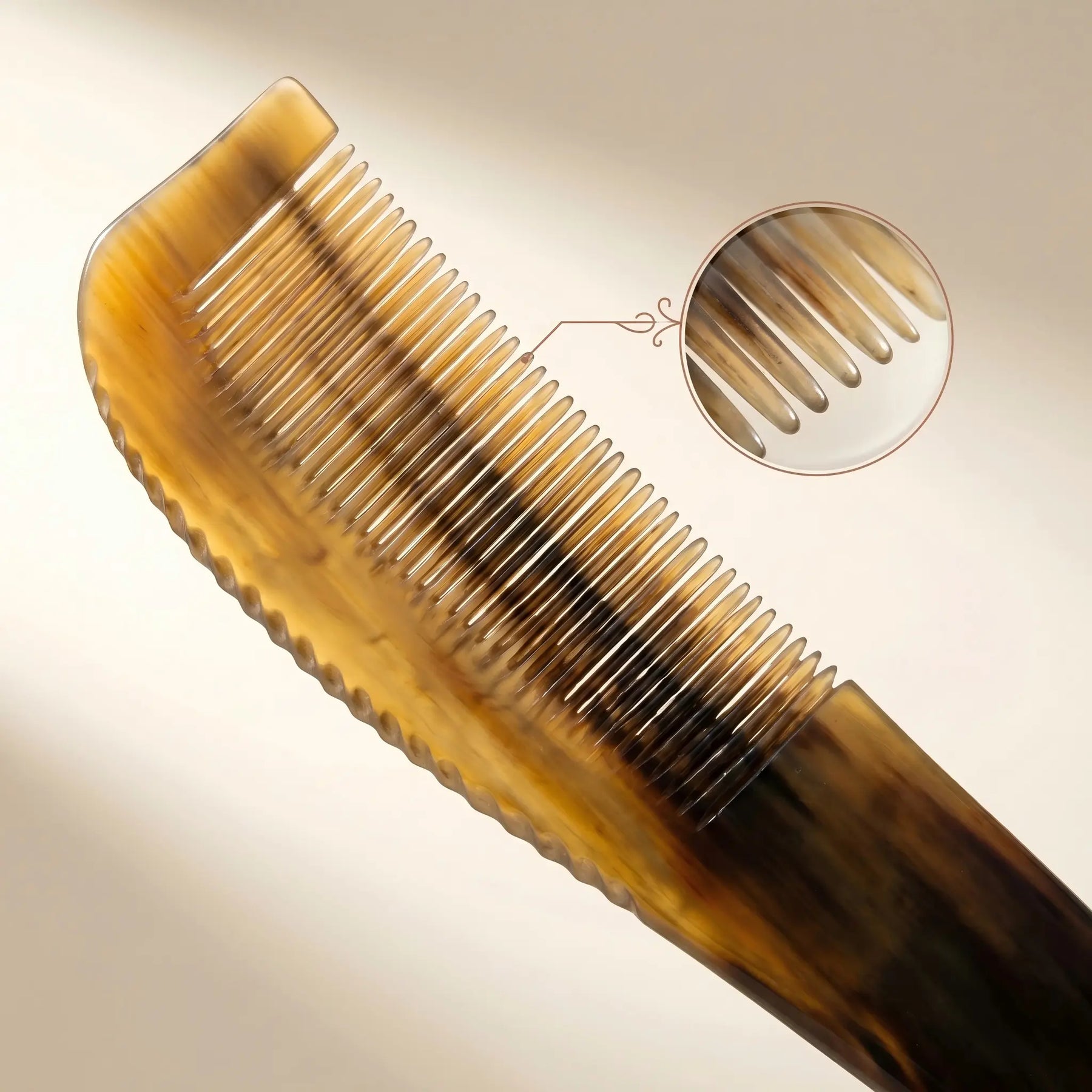 COZUY yellow ox horn long-tail comb close-up showing amber horn grain and rounded fine teeth. detail image 2