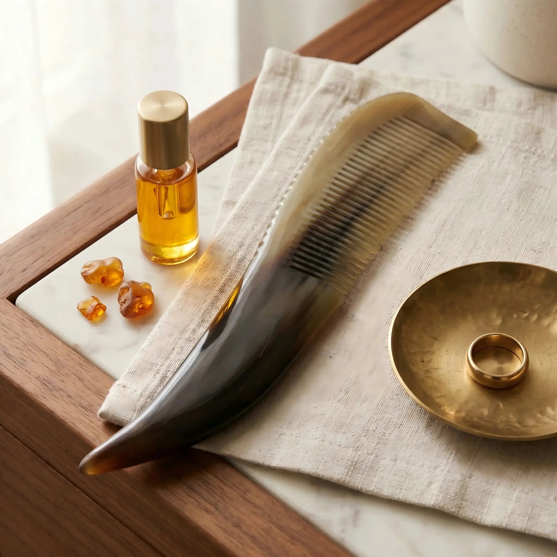 COZUY yellow ox horn long-tail comb in a styled still life showing long silhouette and natural amber pattern. detail image 6