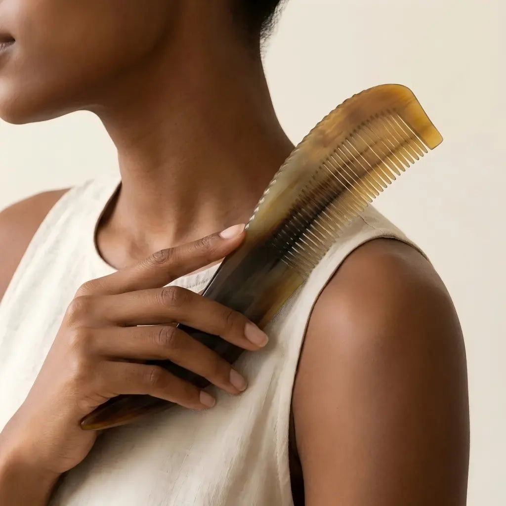 COZUY yellow ox horn long-tail comb, smooth tooth-free edge at the shoulder for a gua sha ritual. detail image 4