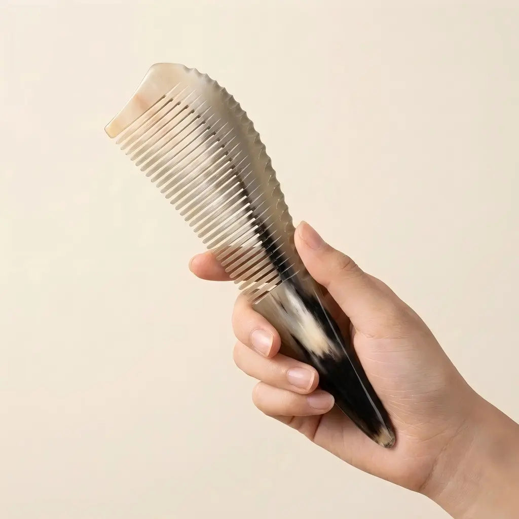 Hand holding COZUY yellow ox horn pointed-tail comb to show long pointed handle and full 22 cm scale. detail image 3