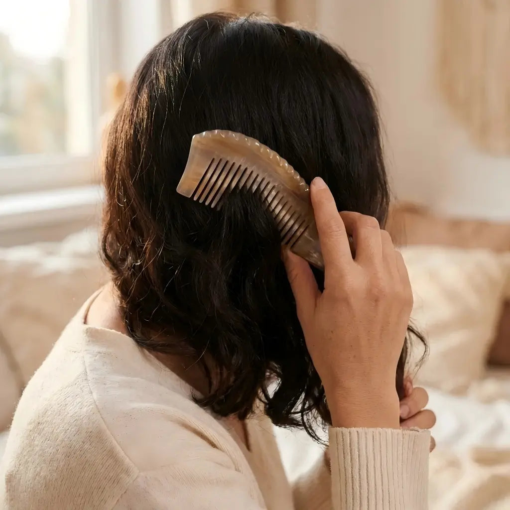 COZUY yellow ox horn wide-tooth tail comb gently combing thick hair in a daily hair-care routine. detail image 5