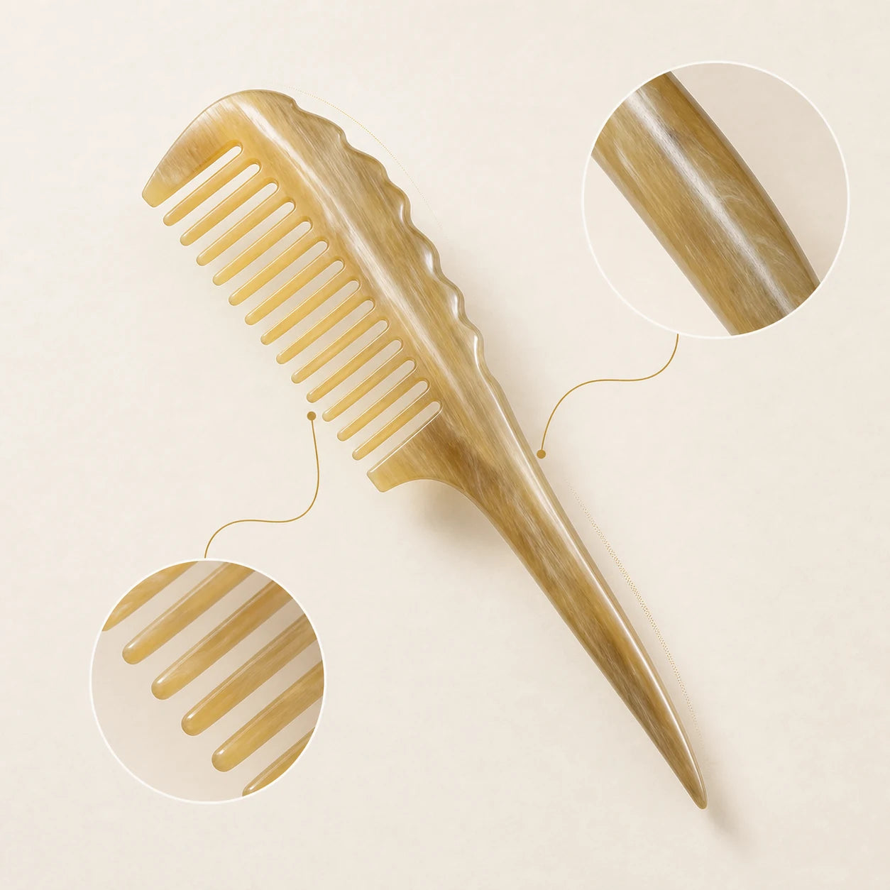 COZUY yellow ox horn wide-tooth comb with a tapered tail and polished side edge for gentle gua sha detail image 1