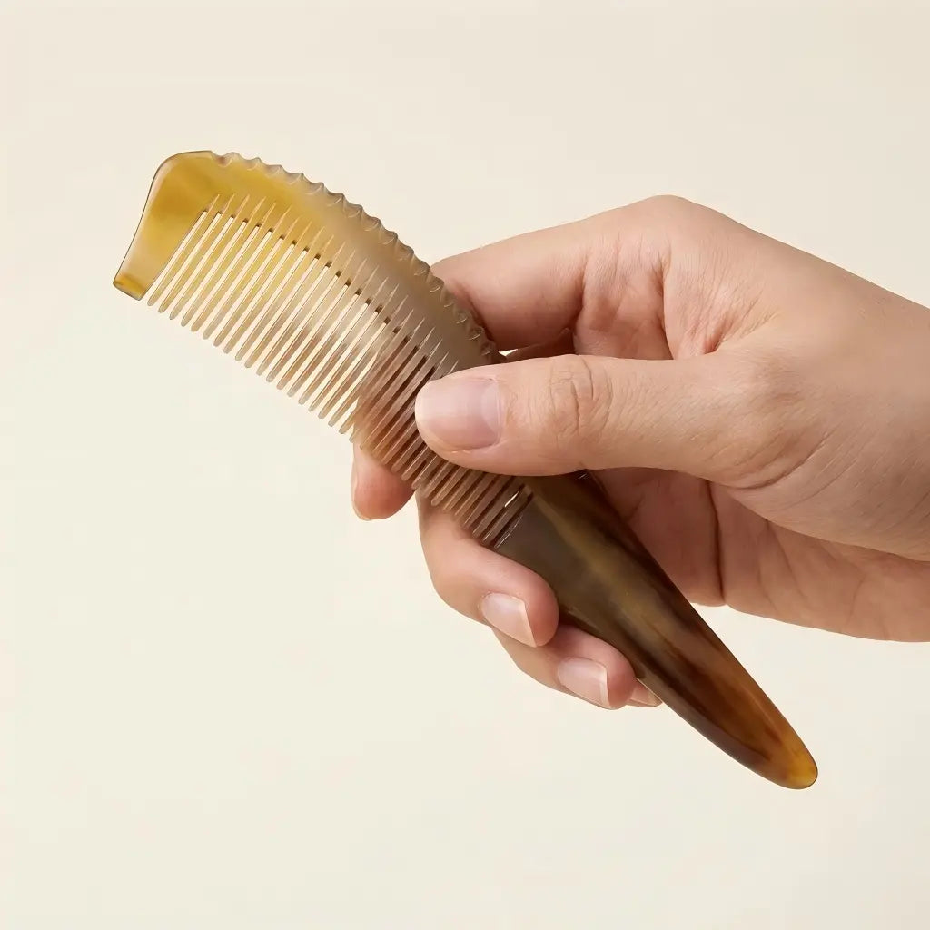 Hand holding COZUY yellow ox horn wide-tooth tail comb to show curved body and tapered tail. detail image 3