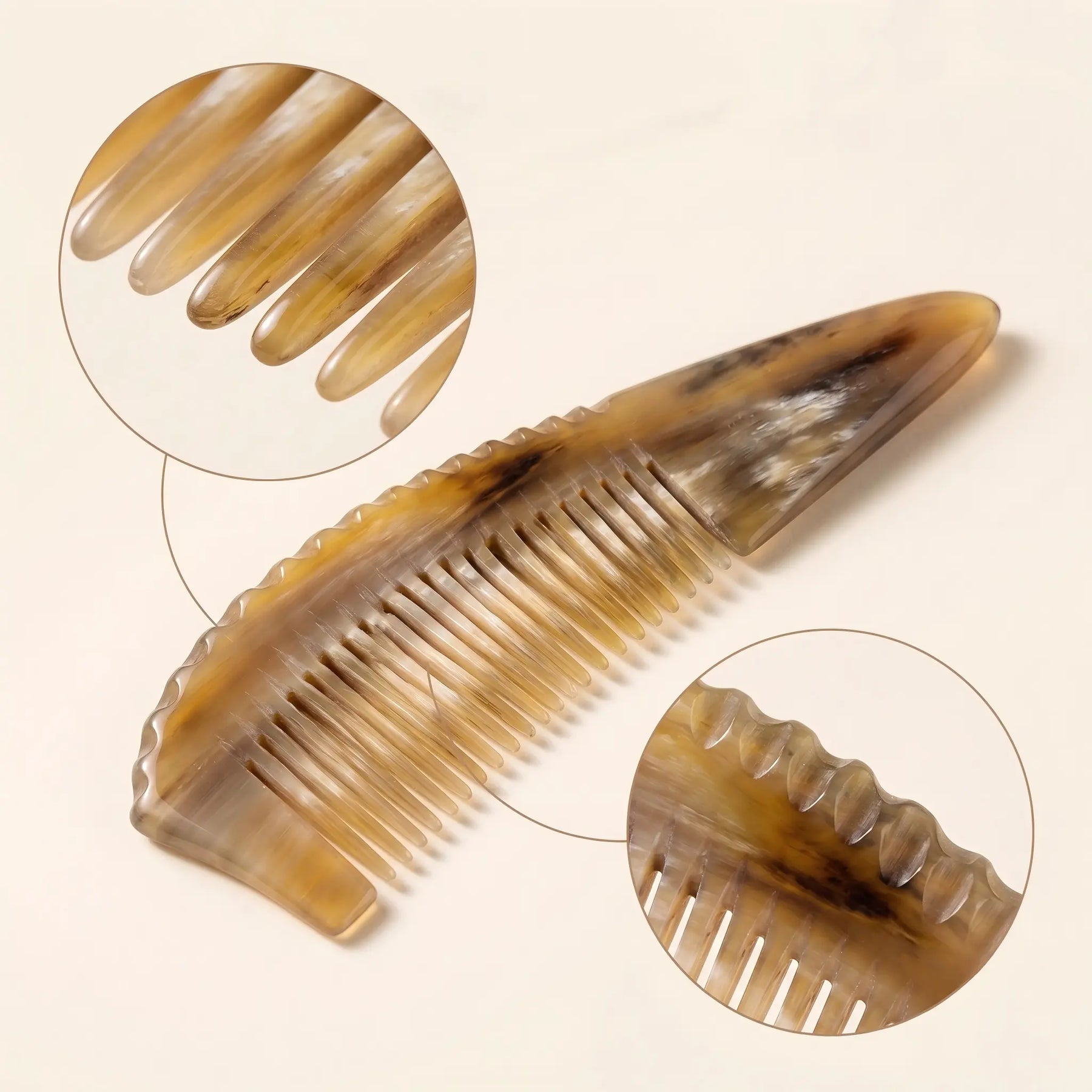 COZUY yellow ox horn wide-tooth tail comb close-up showing amber grain and thick rounded wide teeth. detail image 2