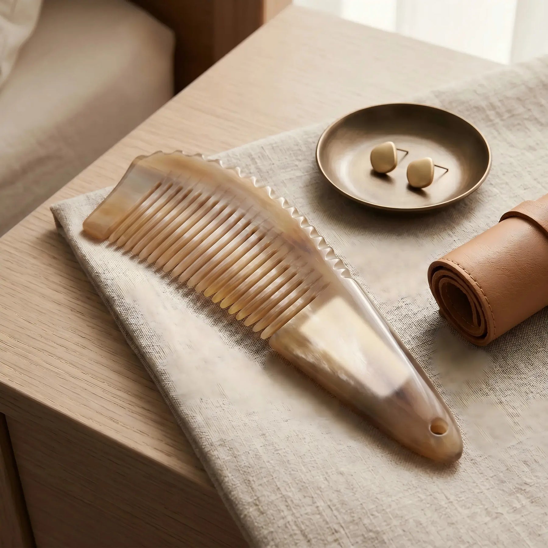 COZUY yellow ox horn wide-tooth tail comb in a styled still life showing amber horn pattern and broad-tooth form. detail image 6