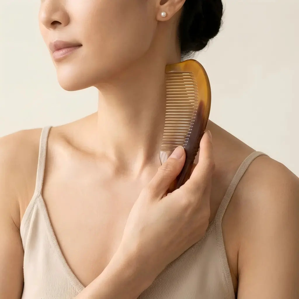 COZUY yellow ox horn wide-tooth tail comb, smooth tooth-free edge at the shoulder for a gua sha ritual. detail image 4